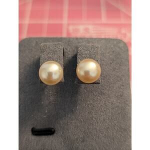 Marked PJS 14K Yellow Gold White Button Freshwater Cultured Pearl Post Earrings